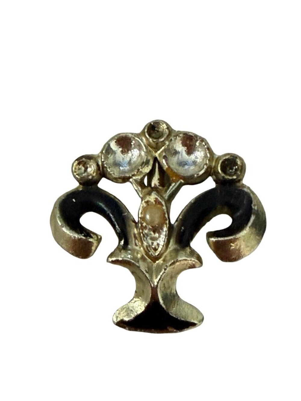 Vintage Black Enamel Rhinestone Floral Fleur de Lis Brooch Pin 1 Inch